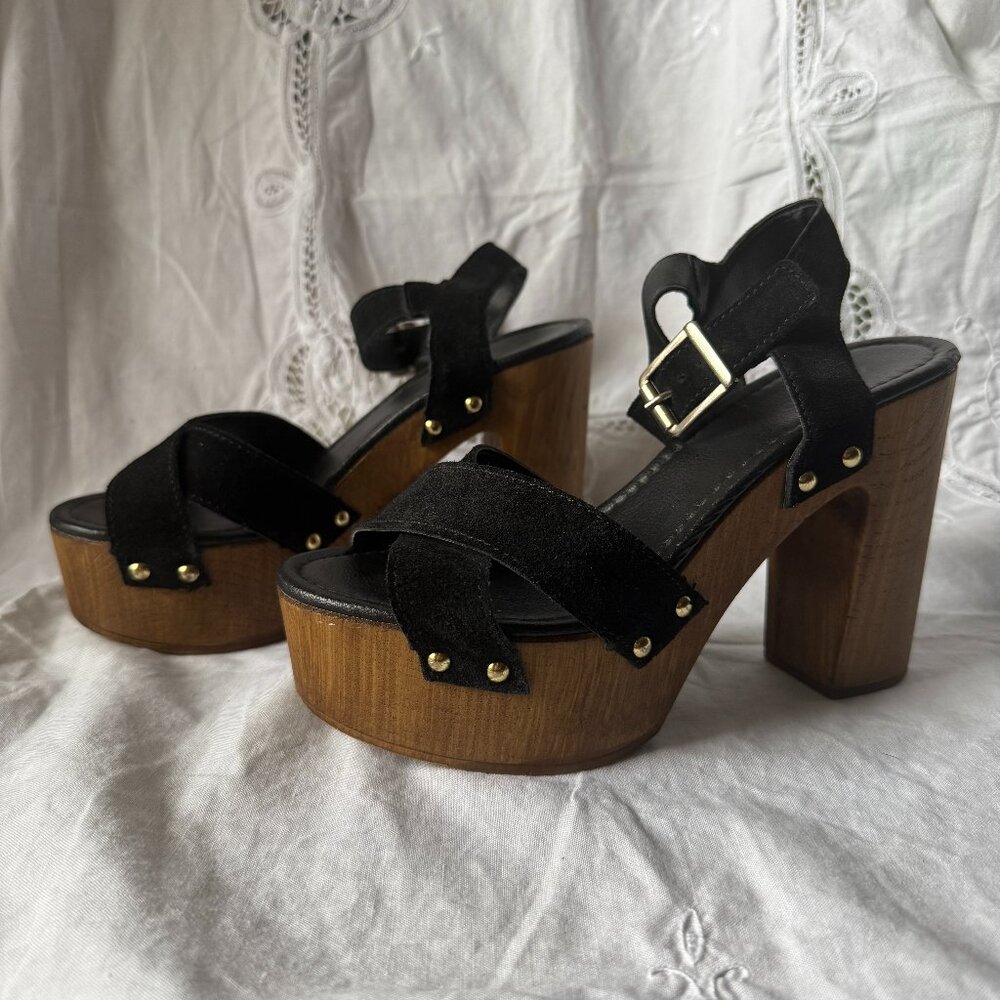 Vintage-Inspired Black Suede Platform Heels | Wood Block Heel Sandals